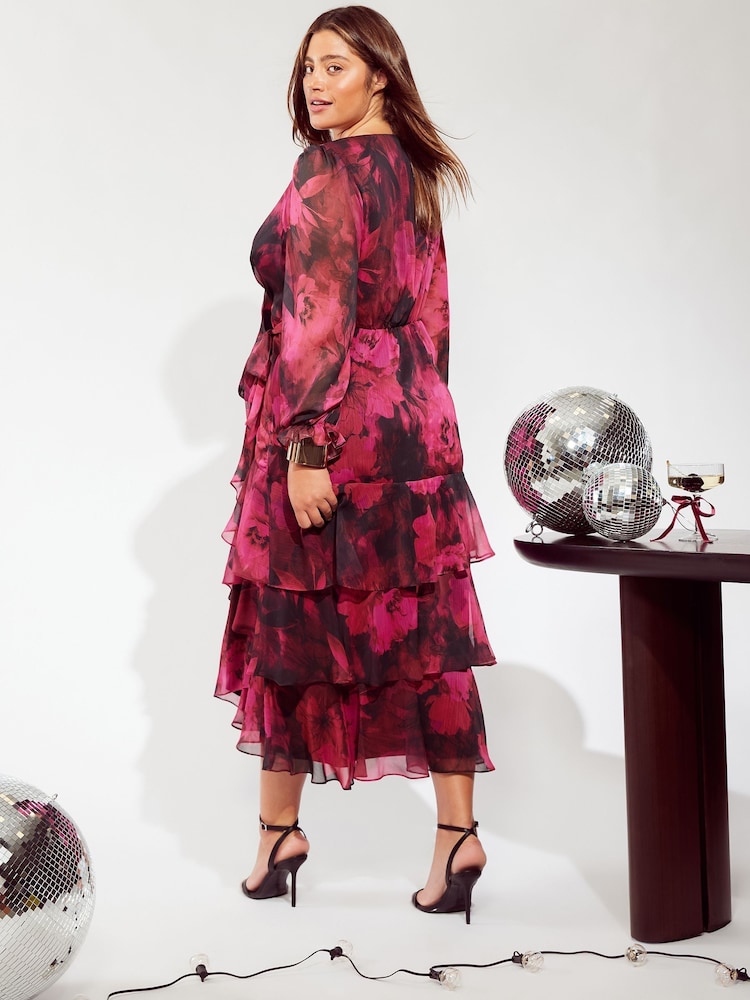 Friends Like These Pink Curve Long Sleeve Printed Ruffle Wrap Midi Dress - Image 3 of 4