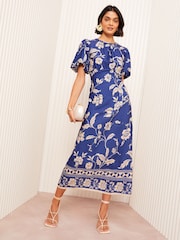 Friends Like These Blue Satin Puff Sleeve Midi Dress - Image 1 of 4