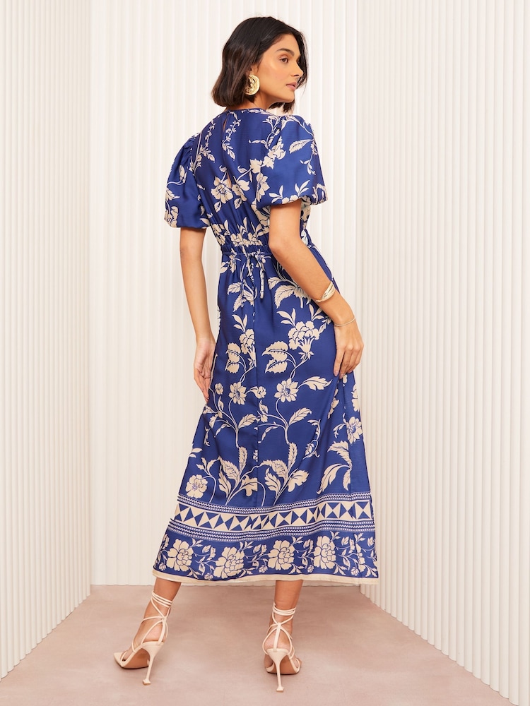 Friends Like These Blue Satin Puff Sleeve Midi Dress - Image 2 of 4