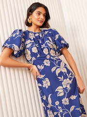 Friends Like These Blue Satin Puff Sleeve Midi Dress - Image 4 of 4