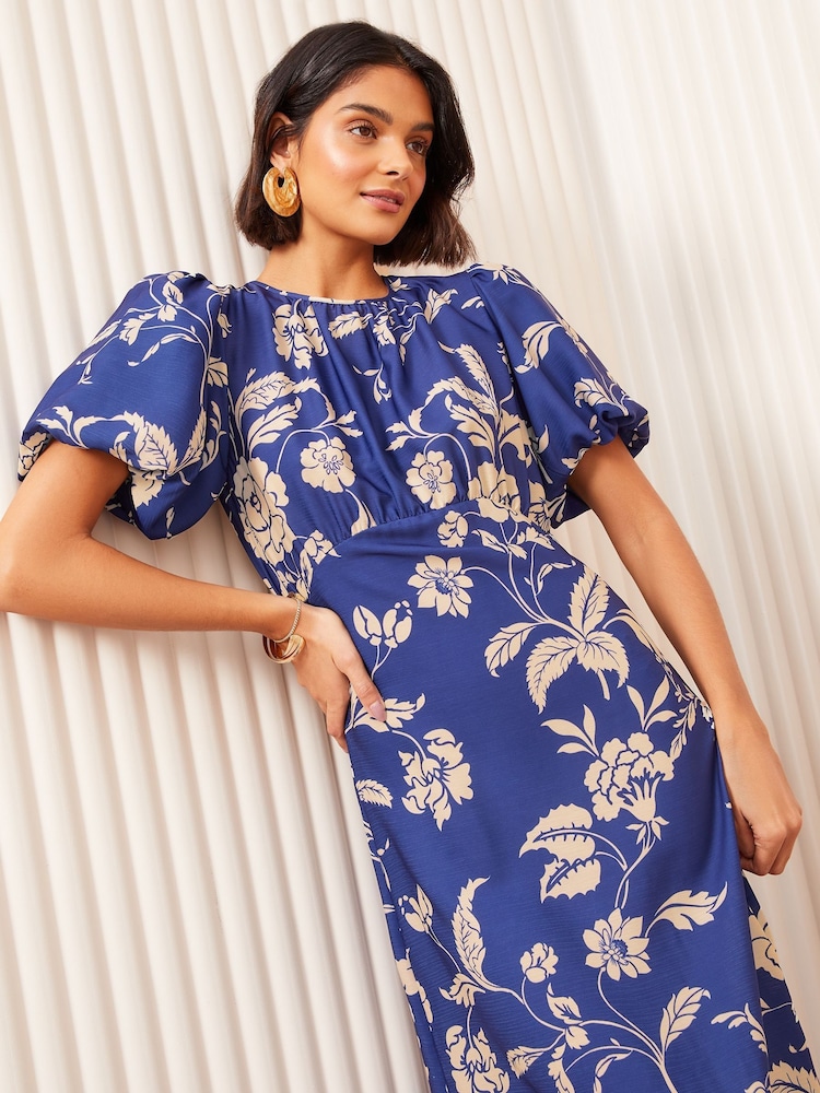 Friends Like These Blue Satin Puff Sleeve Midi Dress - Image 4 of 4