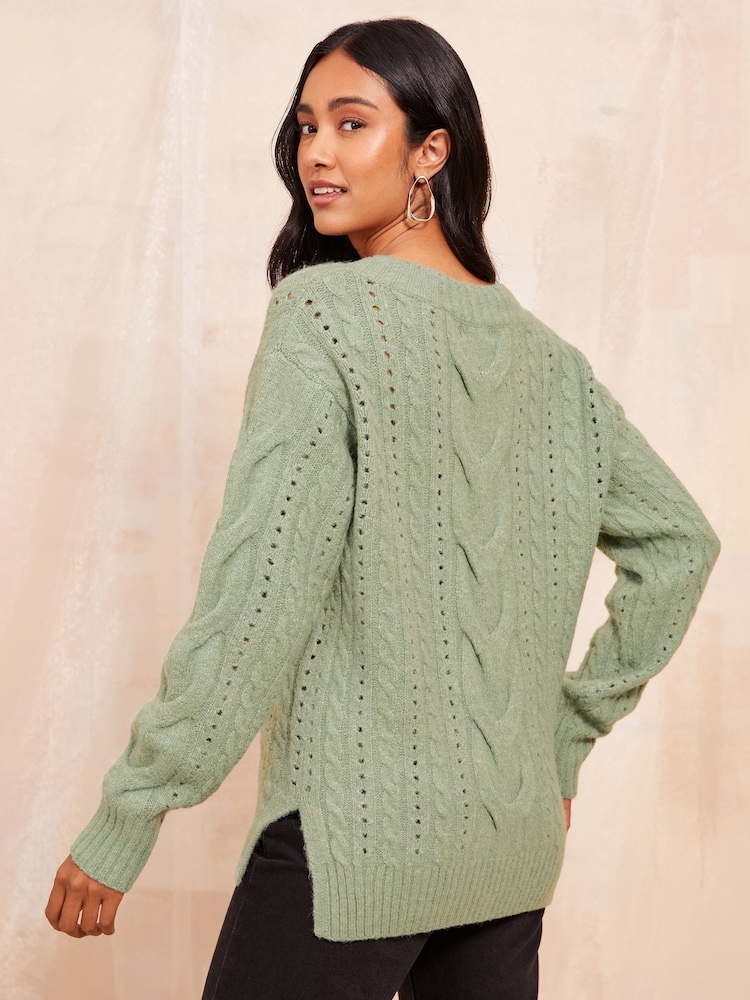 Friends Like These Green V-Neck Pointelle Stitch Detail Jumper - Image 2 of 4