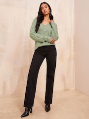 Friends Like These Green V-Neck Pointelle Stitch Detail Jumper - Image 3 of 4