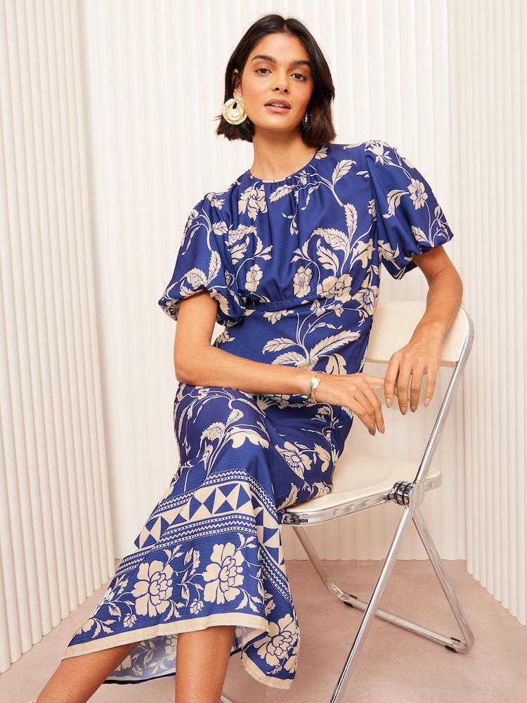 Friends Like These Blue Petite Satin Puff Sleeve Midi Dress - Image 3 of 4