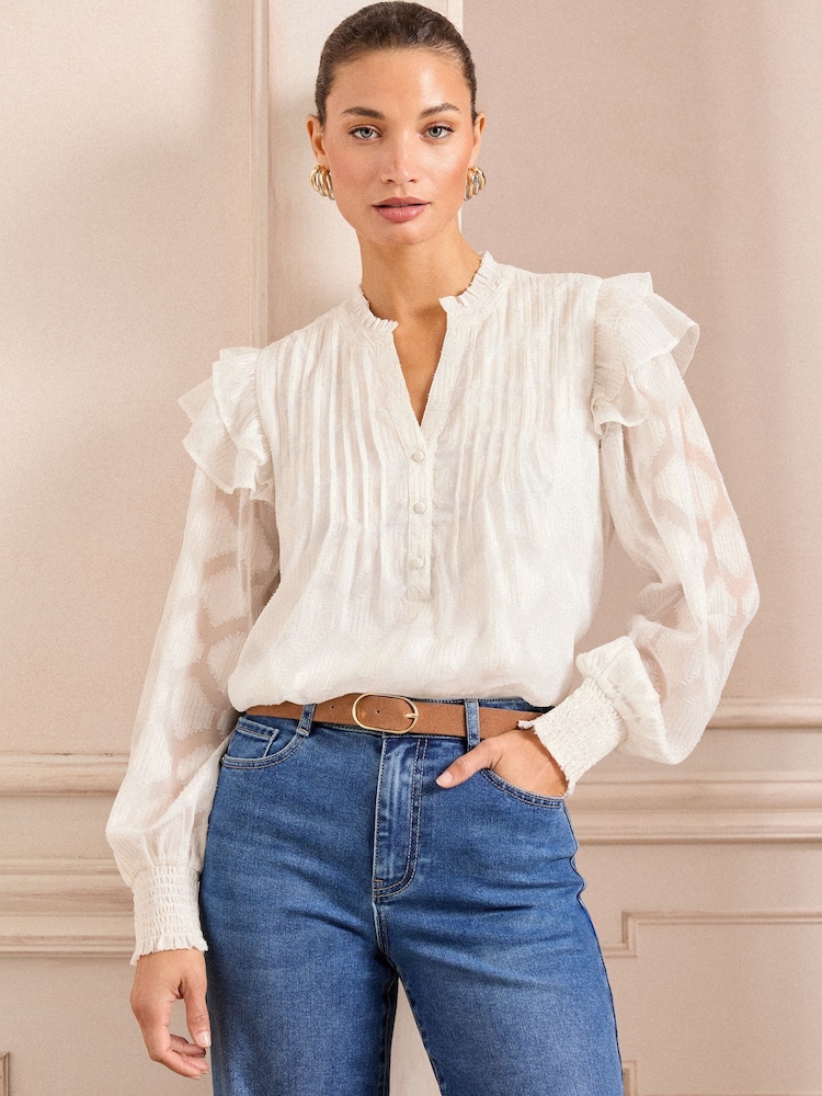 Love & Roses Ivory Ruffle Metallic Notch Neck Long Sleeve Blouse - Image 1 of 5