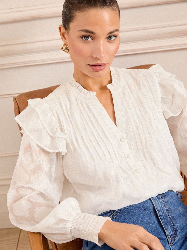 Love & Roses Ivory Ruffle Metallic Notch Neck Long Sleeve Blouse - Image 2 of 5