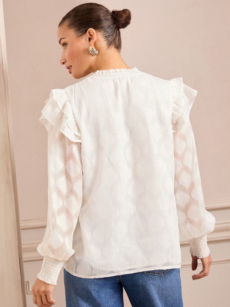 Love & Roses Ivory Ruffle Metallic Notch Neck Long Sleeve Blouse - Image 5 of 5