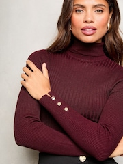 Lipsy Burgundy Red Ribbed Roll Neck Knit Jumper - Image 2 of 4