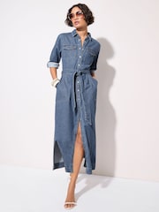 Friends Like These Rinse Blue Petite Denim Belted Midaxi Dress - Image 1 of 5