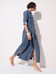 Friends Like These Rinse Blue Petite Denim Belted Midaxi Dress - Image 3 of 5