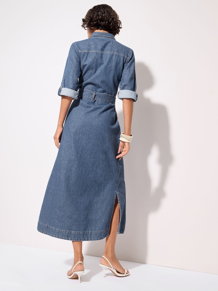 Friends Like These Rinse Blue Petite Denim Belted Midaxi Dress - Image 5 of 5