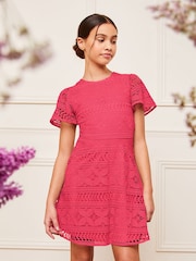 Lipsy Hot Pink Flutter Sleeve Lace Occasion Dress (5-16yrs) - Image 1 of 4