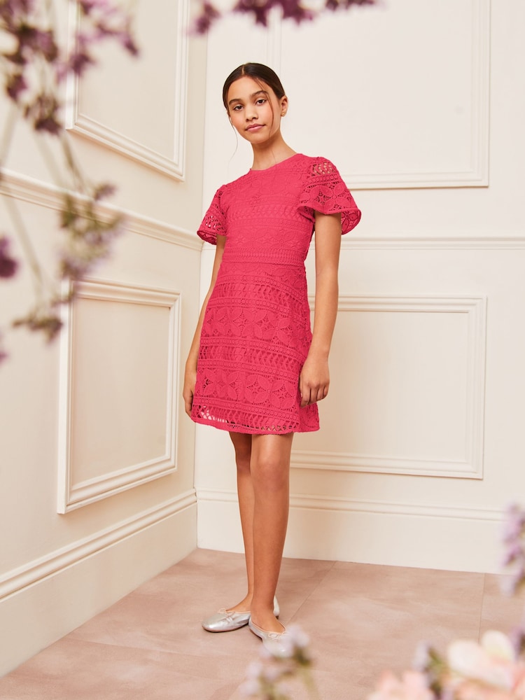 Lipsy Hot Pink Flutter Sleeve Lace Occasion Dress (5-16yrs) - Image 2 of 4
