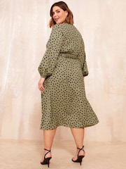 Friends Like These Khaki Green Curve Printed Midi Shirt Dress - Image 1 of 4