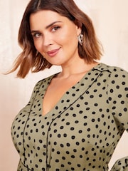Friends Like These Khaki Green Curve Printed Midi Shirt Dress - Image 3 of 4