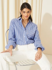 Friends Like These Blue Stripe Poplin Long Sleeve Button Through 100% Cotton Shirt - Image 3 of 4