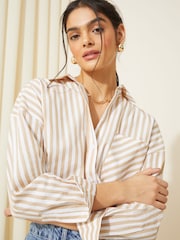 Friends Like These Cream Stripe Poplin Long Sleeve Button Through 100% Cotton Shirt - Image 1 of 8