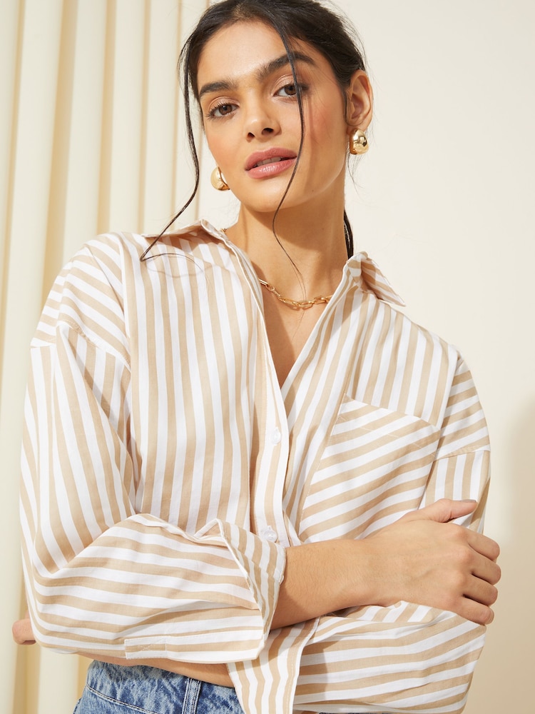 Friends Like These Cream Stripe Poplin Long Sleeve Button Through 100% Cotton Shirt - Image 1 of 8
