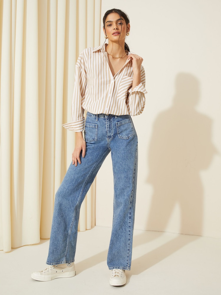 Friends Like These Cream Stripe Poplin Long Sleeve Button Through 100% Cotton Shirt - Image 2 of 8