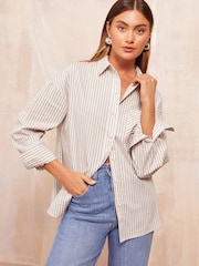 Friends Like These Cream Stripe Poplin Long Sleeve Button Through 100% Cotton Shirt - Image 5 of 8