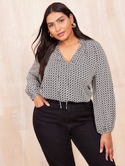 Friends Like These Black/White Long Sleeve Satin Tie Neck Blouse - Image 1 of 4