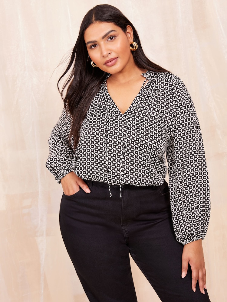 Friends Like These Black/White Long Sleeve Satin Tie Neck Blouse - Image 1 of 4