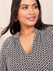 Friends Like These Black/White Long Sleeve Satin Tie Neck Blouse - Image 2 of 4