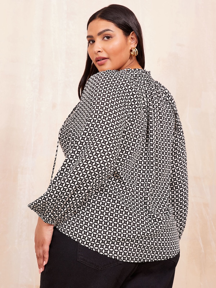 Friends Like These Black/White Long Sleeve Satin Tie Neck Blouse - Image 4 of 4