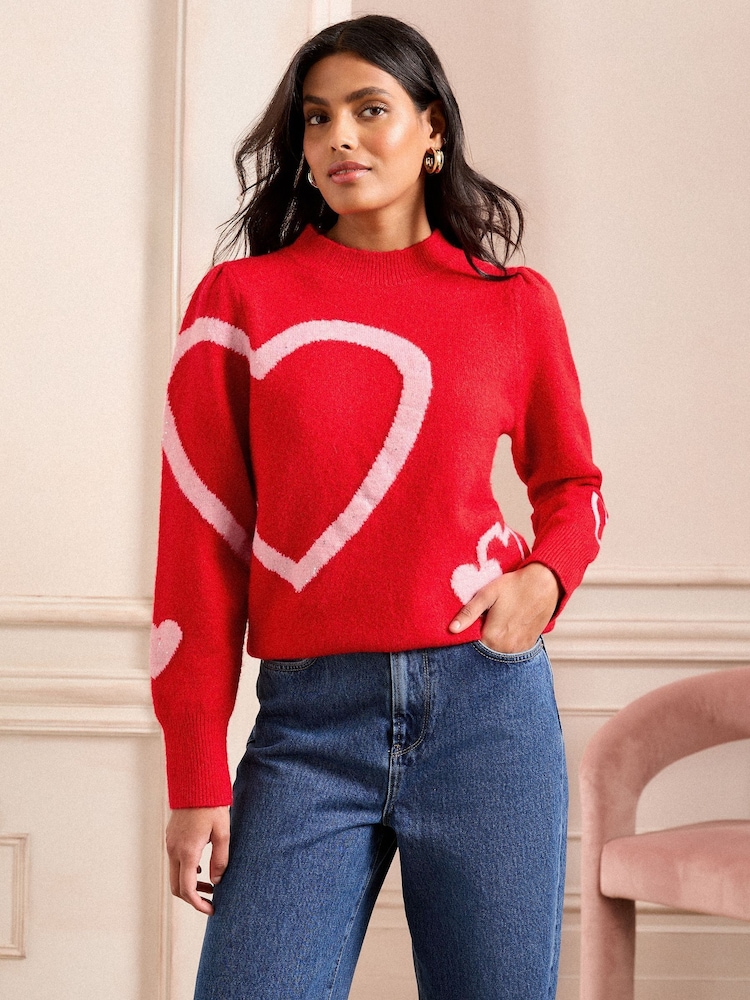 Love & Roses Red Petite Sequin Heart Motif Jumper - Image 1 of 4