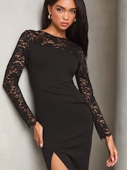 Lipsy Black Lace Mix Bodycon Midi Dress - Image 2 of 4