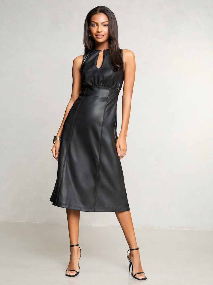 Lipsy Faux Leather Sleeveless Fit and Flare Midi Dress - Imagen 1 de 4