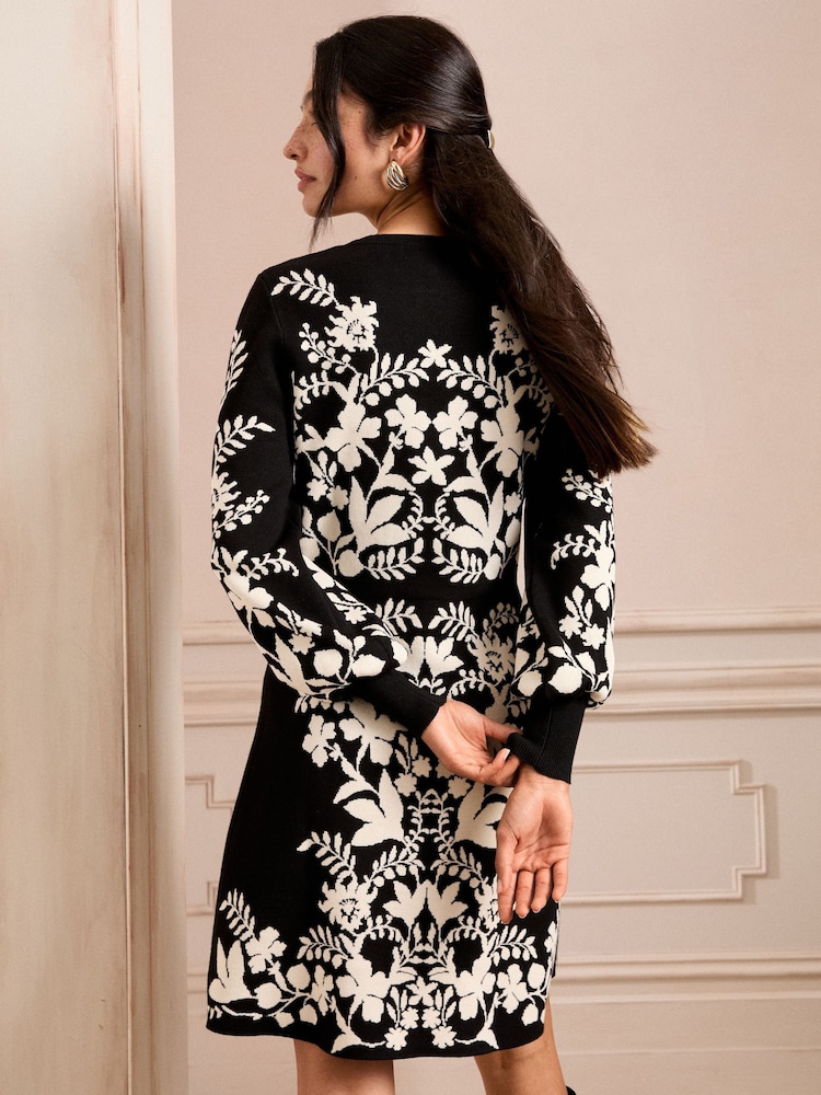 Love & Roses Black Floral Jacquard Knit Dress - Image 2 of 4