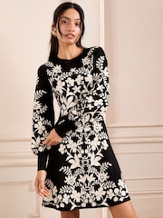 Love & Roses Black Floral Jacquard Knit Dress - Image 3 of 4