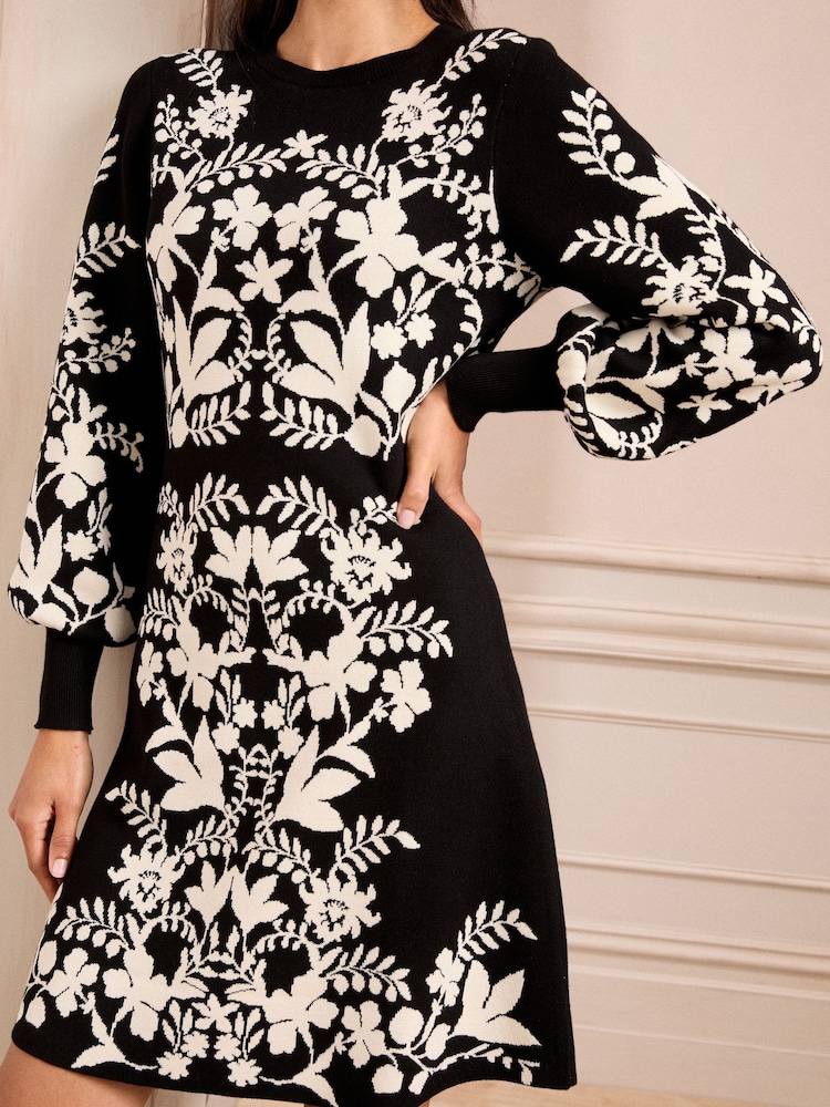 Love & Roses Black Floral Jacquard Knit Dress - Image 4 of 4