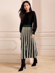 Love & Roses Black Scallop Chevron Long Sleeve Knitted Midi Dress - Image 1 of 4