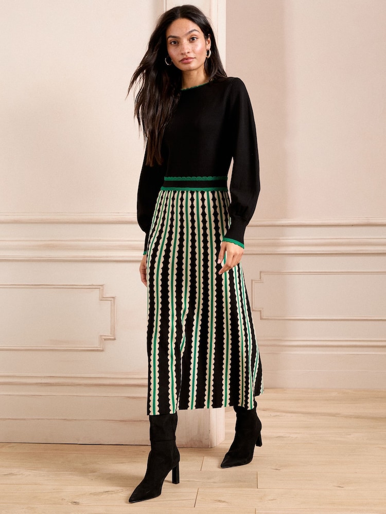 Love & Roses Black Scallop Chevron Long Sleeve Knitted Midi Dress - Image 1 of 4