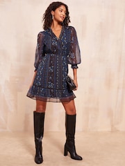 Friends Like These Blue Floral Long Sleeve Chiffon Mini Dress - Image 3 of 5