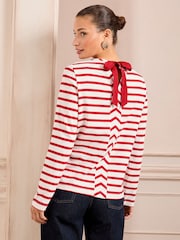 Love & Roses Red and White Stripe Bow Back Jersey Long Sleeve 100% Cotton Top - Image 3 of 4