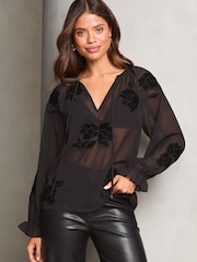 Lipsy Black Long Sleeve Ruffle Cuff Blouse With Floral Detail - Image 2 of 4