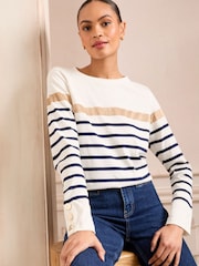 Love & Roses Navy/White/Gold Breton Stripe Jersey Long Sleeve 100% Cotton Top - Image 1 of 4