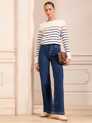 Love & Roses Navy/White/Gold Breton Stripe Jersey Long Sleeve 100% Cotton Top - Image 3 of 4