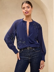 Lipsy Navy Long Sleeve Grandad Collar Blouse - Image 1 of 4