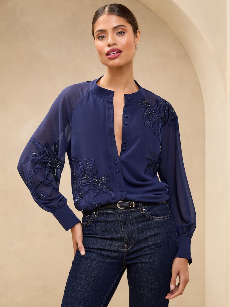 Lipsy Navy Long Sleeve Grandad Collar Blouse - Image 1 of 4