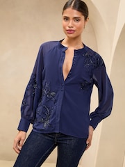 Lipsy Navy Long Sleeve Grandad Collar Blouse - Image 3 of 4