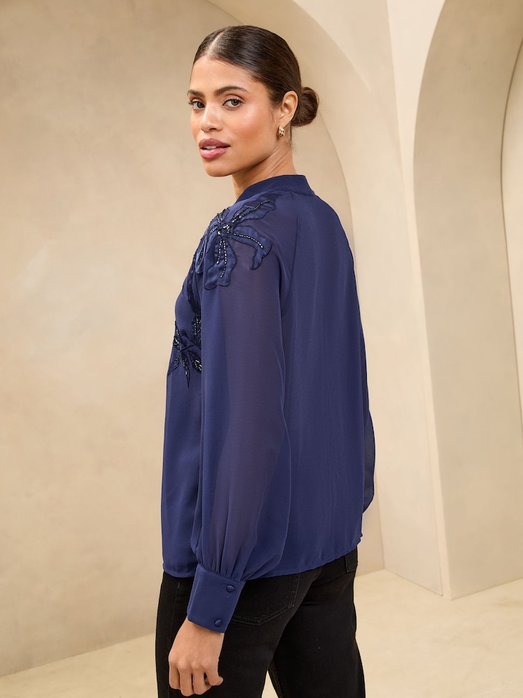 Lipsy Navy Long Sleeve Grandad Collar Blouse - Image 4 of 4