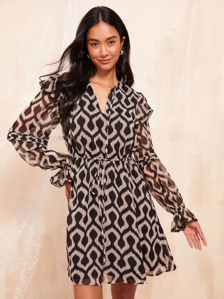 Friends Like These Black/White Long Sleeve Chiffon Frill Mini Dress - Image 1 of 5