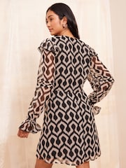 Friends Like These Black/White Long Sleeve Chiffon Frill Mini Dress - Image 4 of 5