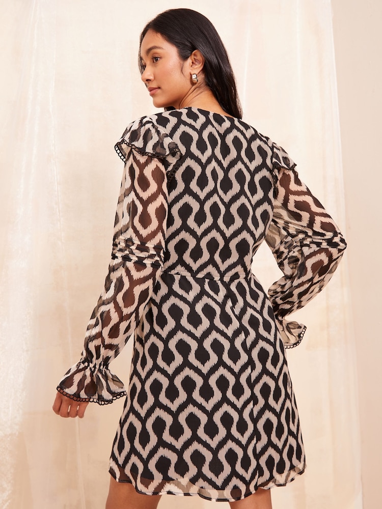 Friends Like These Black/White Long Sleeve Chiffon Frill Mini Dress - Image 4 of 5