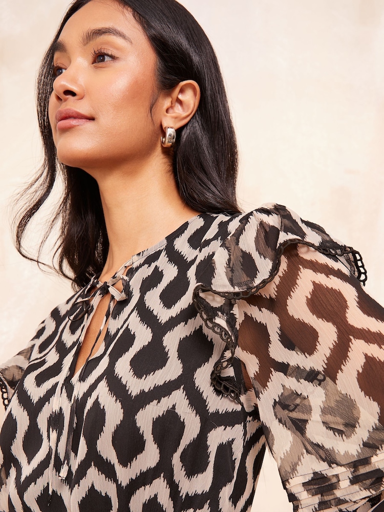 Friends Like These Black/White Long Sleeve Chiffon Frill Mini Dress - Image 5 of 5