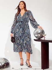 Friends Like These Blue Curve Long Sleeves Printed Wrap Midi Dress - Image 1 of 4